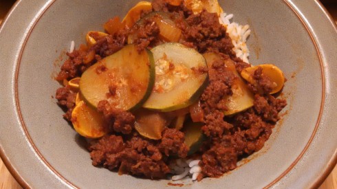Ground Beef, Summer Squash, and Rice Skillet